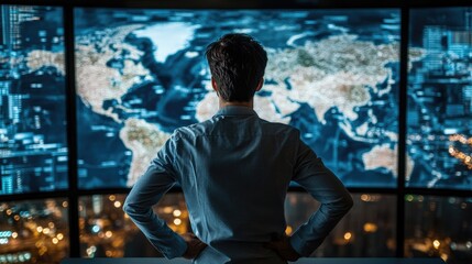 Person Observing Global Network Data on Large Screens