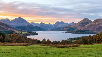 Naklejka premium A serene landscape featuring mountains, a tranquil lake, and lush greenery under a colorful sunset sky.