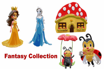 3D Illustration Fantasy collection with a sun queen, an ice queen, a mushroom house and two ladybugs.
