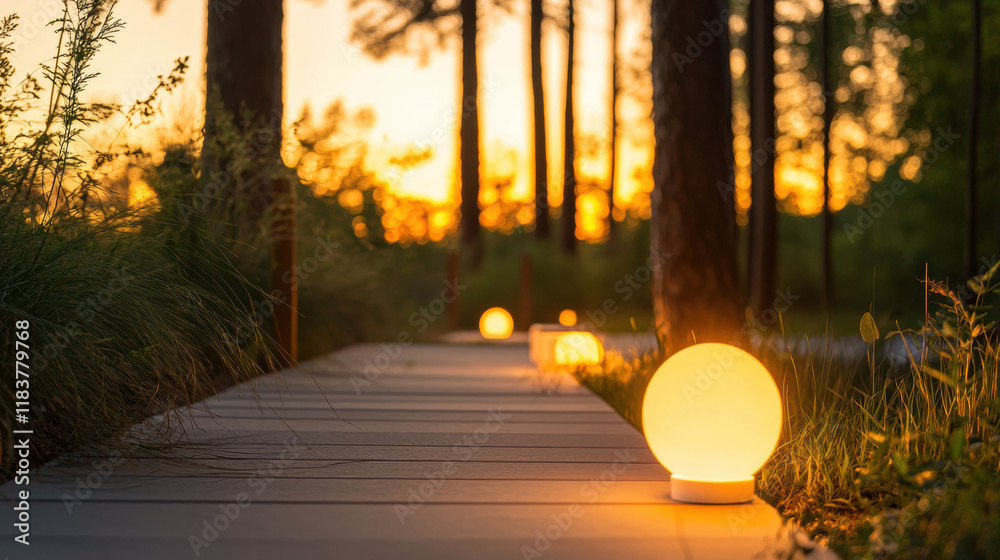 Poster serene pathway illuminated by glowing round lamps at sunset, surrounded by trees and greenery