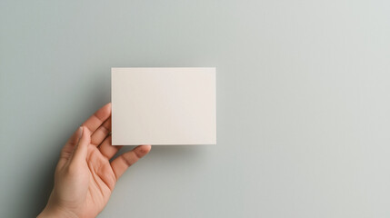 Obraz premium A hand holding a blank Valentine, the card slightly tilted toward the viewer against a plain pale blue background. The empty space on the card creates a sense of anticipation, as i