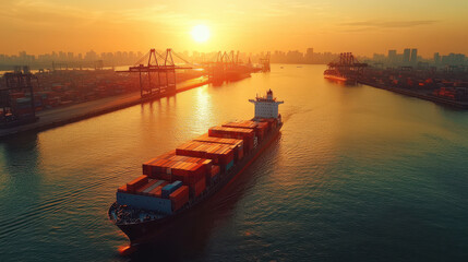 Naklejka premium A cargo ship loaded with containers was parked at the port. The sun is setting over an industrial city