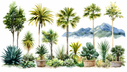Fototapeta premium Tropical plants watercolor, mountain backdrop, design