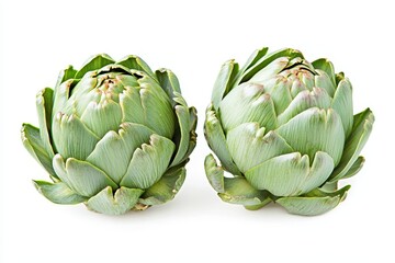 Fototapeta premium Whole raw green artichokes on a white background organic edible flower buds