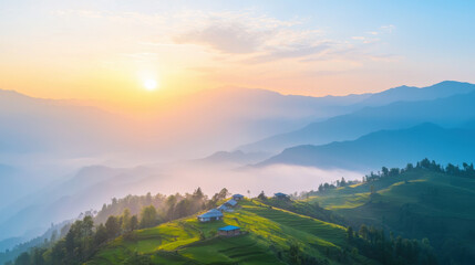 Fototapeta premium Breathtaking sunrise over terraced rice fields, mountains, and misty valleys. serene landscape showcasing nature beauty and tranquility