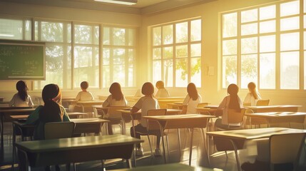 School learning environment, attentive students at desks, teaching moment capture, warm sunlight through windows, pastel color palette, educational interior, candid classroom photography, soft focus