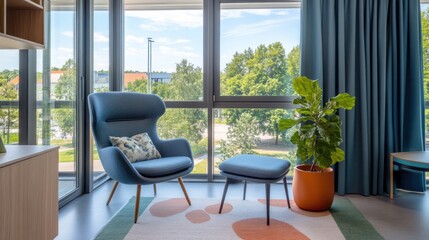 Fototapeta premium Serene Apartment Interior with Modern Chair and Lush Greenery