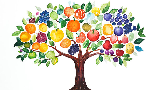Watercolor image of a tree with various fruits for tu bishvat celebration