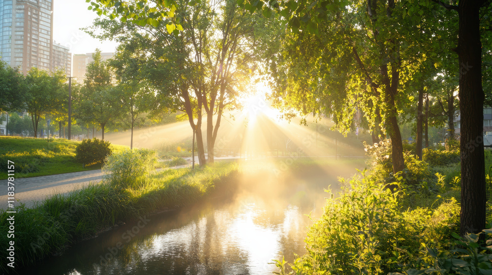 Poster Sunlight filters through trees, illuminating serene park scene with stream