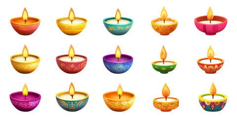 Set of Indian festival candles on white background.