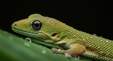 Obraz premium Green Gecko Reptile On Dew Covered Leaf