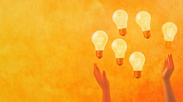 Educational success concept, glowing idea representation, graduated lightbulb artwork, simple orange accent lines, textured wall background, elegant hand positioning, modern minimal photography style