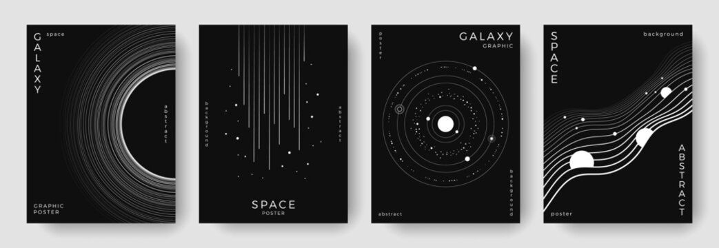 Set of abstract space astronomy backgrounds. Line art galaxy, solar system, universe, black hole. Science future concept. Cosmic minimalist design for cover, poster, layout, banner, flyer, brochure