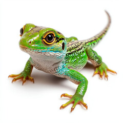 Fototapeta premium Vibrant Emerald Lizard, Close-Up, White Background