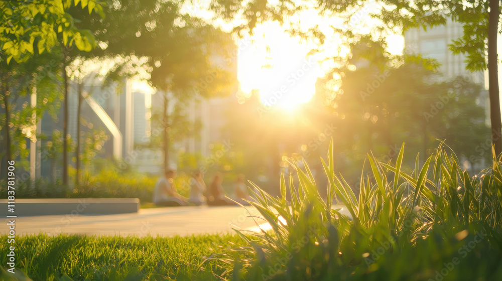Poster serene park scene with sunlight shining through trees, highlighting grass and people relaxing in bac