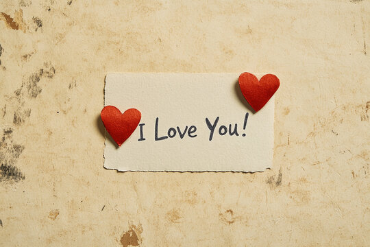 Creative expression of love captured on kraft background with minimalist design showcasing heartfelt message and red hearts