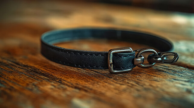 Close-up of a Black Leather Bracelet with Metal Clasp on Wooden Surface