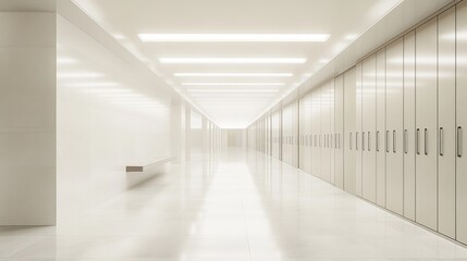 Empty school hallway perspective, fluorescent ceiling lights, clean white walls, polished floor tiles, metal lockers row, beige classroom doors, institutional interior, architectural photography style