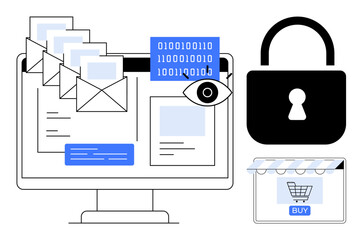 Computer monitor with emails, binary code, and an eye icon secure padlock e-commerce shopping cart. Ideal for cyber security, data protection, online privacy, secure transactions, digital