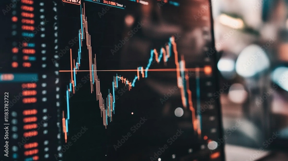 Poster a close-up view of an interactive stock trading chart on a tablet, showing candlestick patterns and 
