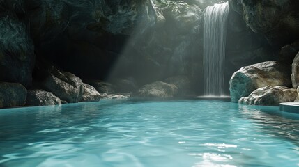 Fototapeta premium Serene Waterfall Cave Pool: A Tranquil Oasis