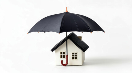 Creative juxtaposition of a full umbrella shielding a cozy house against white background emphasizing protection and safety
