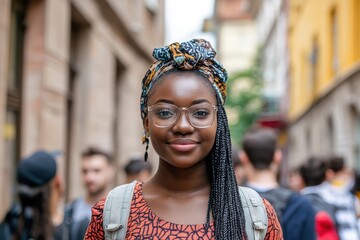 Attractive African female student with international peers outside in the city during summer