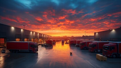 Red Trucks at Sunset in Logistics Warehouse