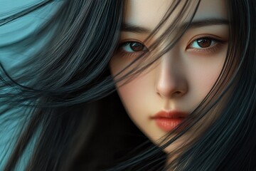 Attractive Asian model with sleek long black hair Keratin treatment and hair care spa services Smooth haired Chinese girl