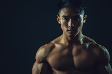 Obraz premium Attractive muscular Asian young man on dark backdrop