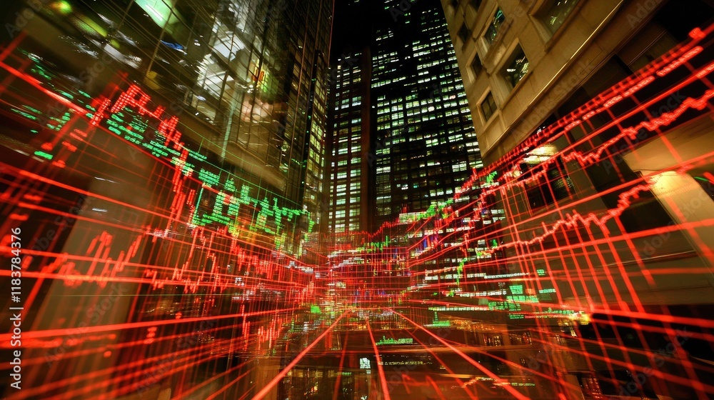 Poster a composite stock market graph with multiple lines indicating different stocks' performances, color-