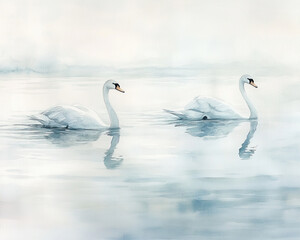 Fototapeta premium Soft Watercolor of Delicate White Swans Gliding Across a Peaceful Lake