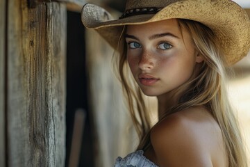 Attractive young cowgirl is posed at her farm on a sunny day glancing back while another handsome rancher girl faces the camera