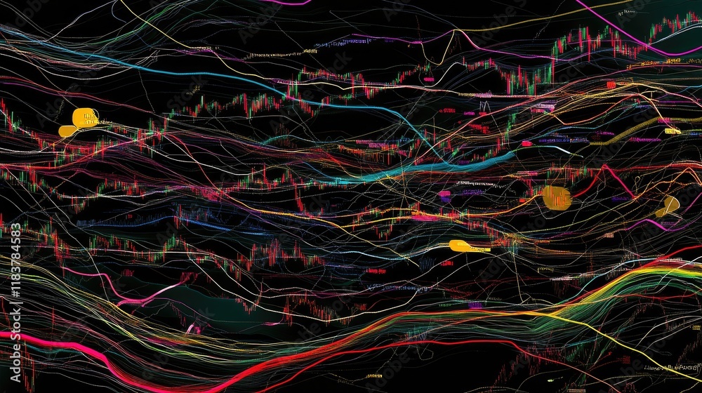 Poster a composite stock market graph with multiple lines indicating different stocks' performances, color-