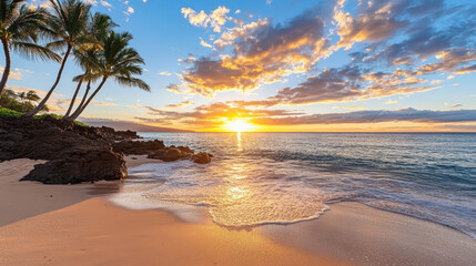 stunning beach scene with palm trees and vibrant sunset over ocean