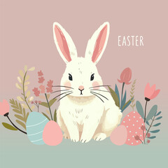 The Easter bunny in pastel colors is drawn in watercolors. Easter bunny among eggs and flowers
