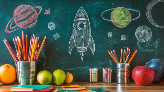 Modern classroom vignette, green chalkboard backdrop, imaginative rocket sketch, school essentials arrangement, metallic pencil cup, assorted learning materials, fresh fruit, planetary chalk art,