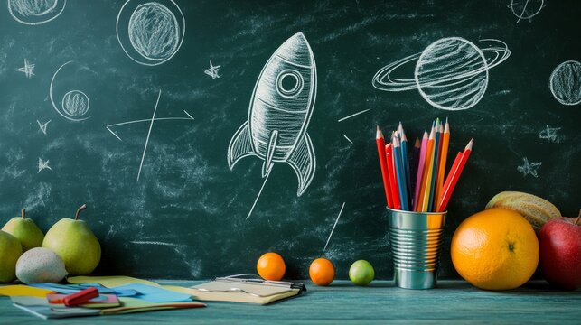 Modern classroom vignette, green chalkboard backdrop, imaginative rocket sketch, school essentials arrangement, metallic pencil cup, assorted learning materials, fresh fruit, planetary chalk art,