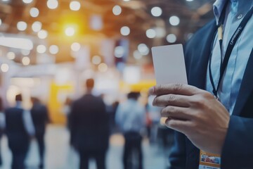 Businessman at a trade show displaying a blank security badge on a lanyard