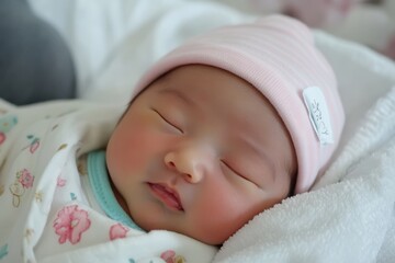 Close up of a blissful Asian newborn peacefully sleeping on a bed against a white backdrop symbolizing family love and health