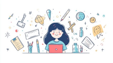 Expressive character design, education themed floating icons, classroom objects, learning symbols, measurement tools, celestial elements, achievement certificate, laboratory equipment, playful doodle