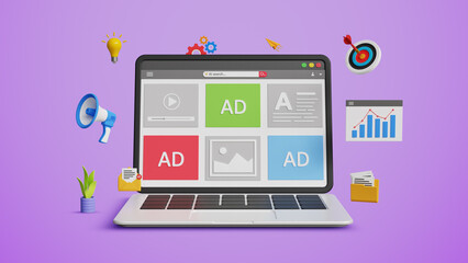 Digital marketing, content planning and advertising strategy. Business AI technology in marketing and sales. SEO optimization. 3D laptop screen with ads and content promotion with marketing icons