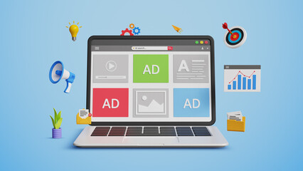 Digital or content marketing, Organic website traffic, SEO optimization or audience reach strategy. Online advertising website interface on 3D laptop with marketing icons
