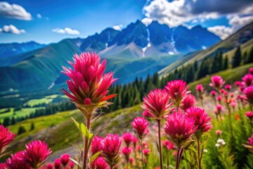 Fototapeta premium Colorado's Vail Mountain explodes with vibrant pink wildflowers, a hiker's paradise in summer.