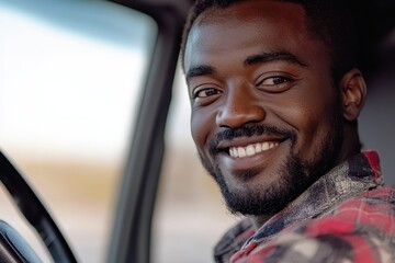 Obraz premium Confident truck driver smiling during long haul delivery is a young African American man training for a commercial license at a trucking school
