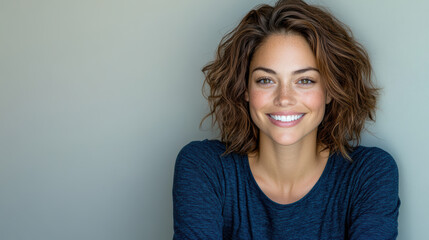 Fototapeta premium smiling woman with curly hair wearing blue shirt against neutral background