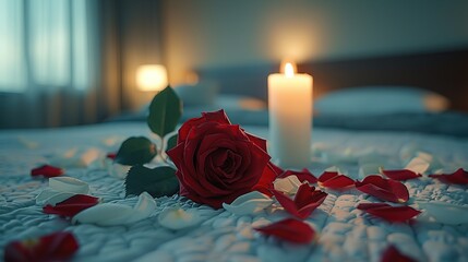 	 A bouquet of red roses on a blue blanket with the words quot valentine quot	