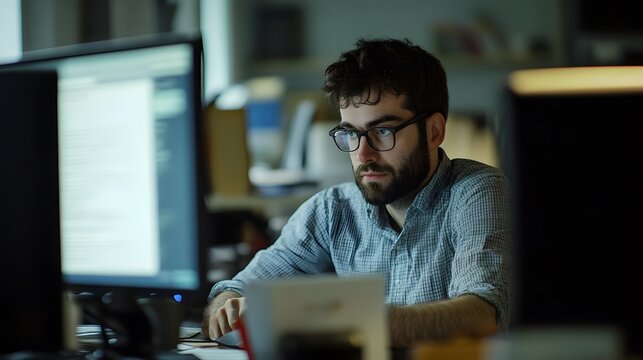 A professional in an office, writing code to optimize a database, with SQL scripts visible on the screen