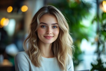 Obraz premium Young happy businesswoman using touchpad while working in office and looking at camera. Generative AI