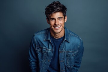 Obraz premium Image of a confident happy college man in denim exuding leadership set against a gray background